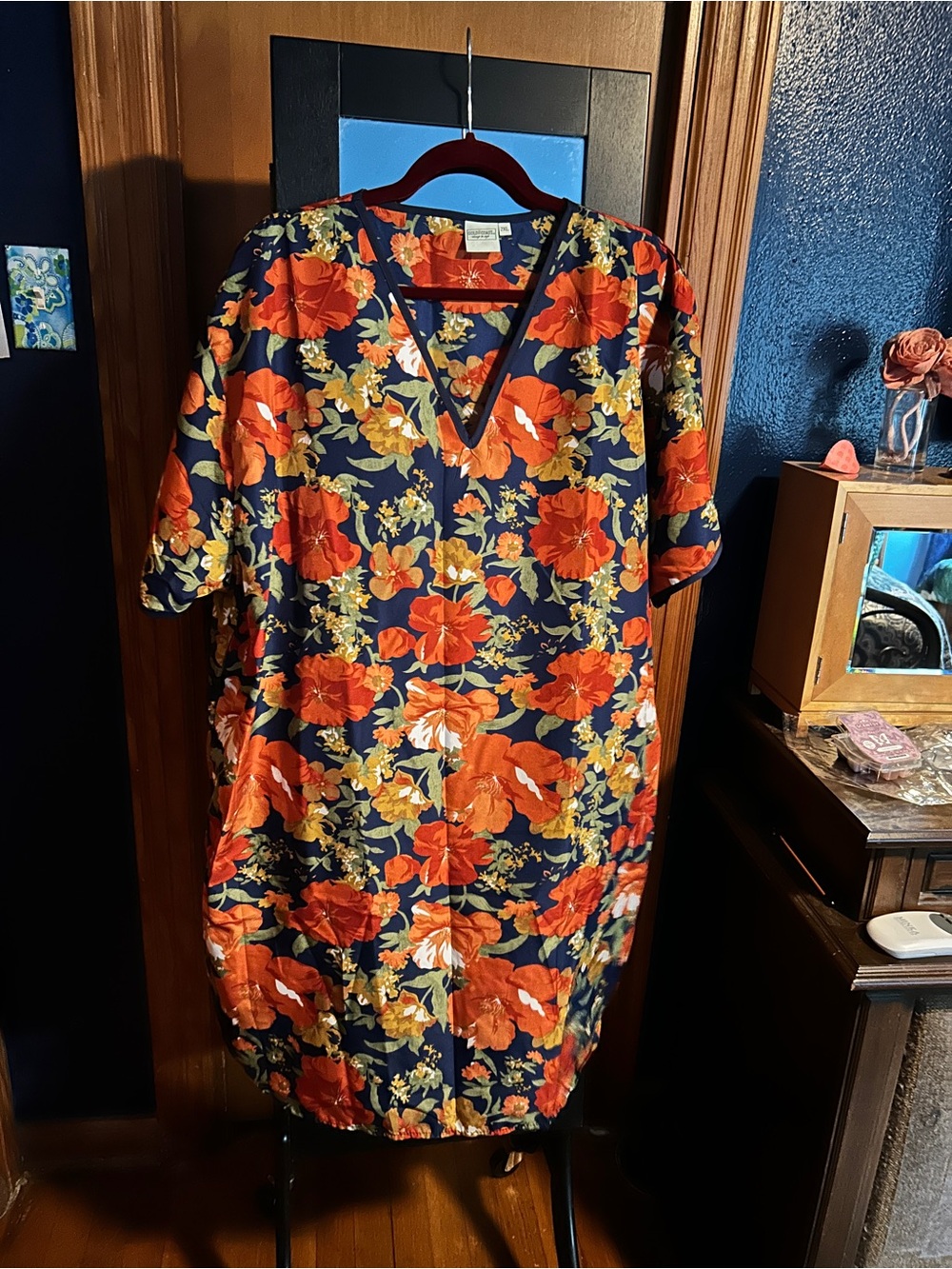 Floral V-Neck Shift Gown- Navy with Orange & Yellow Floral
